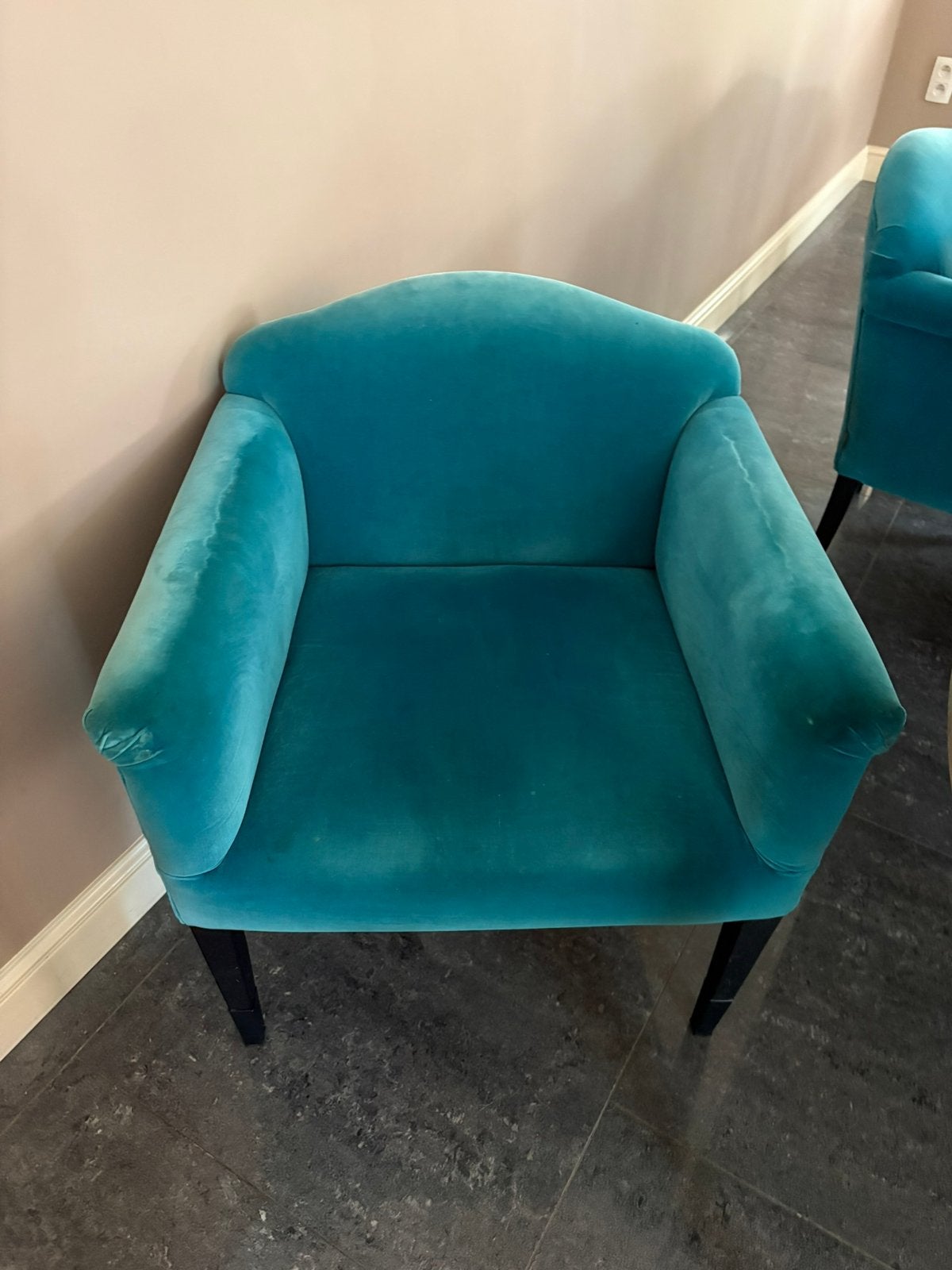 6 blauw fluele stoeltjes, Huis en Inrichting, Ophalen, Blauw, Zo goed als nieuw, Stof