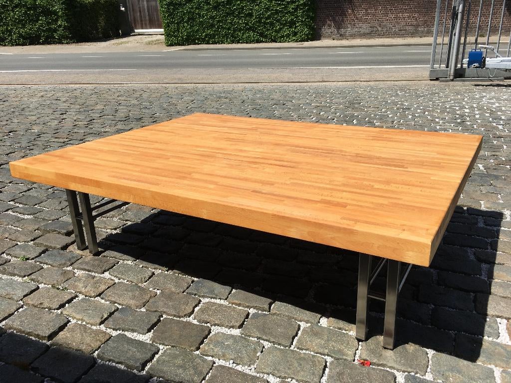 Salontafel in RVS met bovenblad in massief beuk, Huis en Inrichting, Tafels | Salontafels, Ophalen, Zo goed als nieuw, Rechthoekig