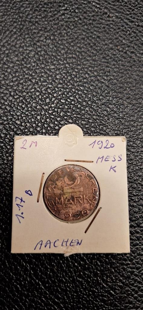 Duits notgeld 2 mark 1920 Aachen mess., Postzegels en Munten, Ophalen of Verzenden