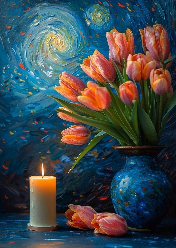 40x30cm Diamond Painting tulpen en kaars (rond) nr 222, Nieuw, Meerkleurig, Overige materialen, Overige merken