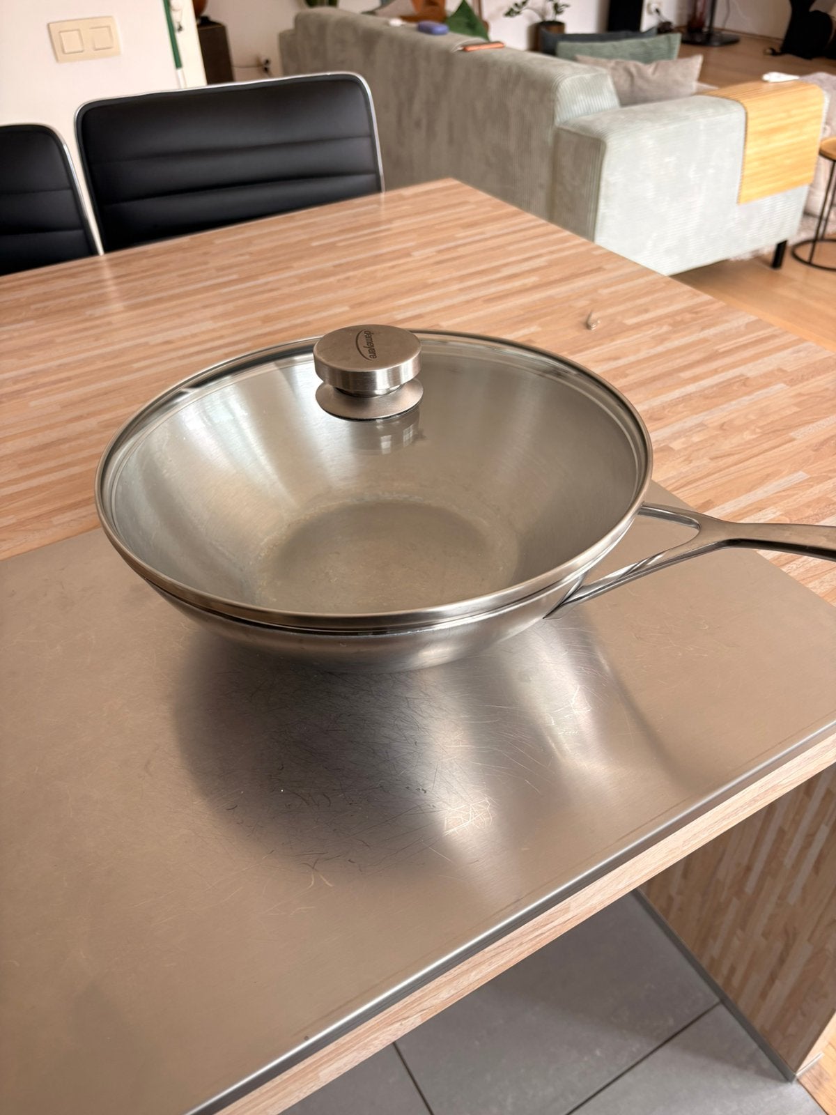 Wok en deksel Demeyere, Huis en Inrichting, Keuken | Potten en Pannen, Ophalen of Verzenden, Zo goed als nieuw, Wok, Demeyere