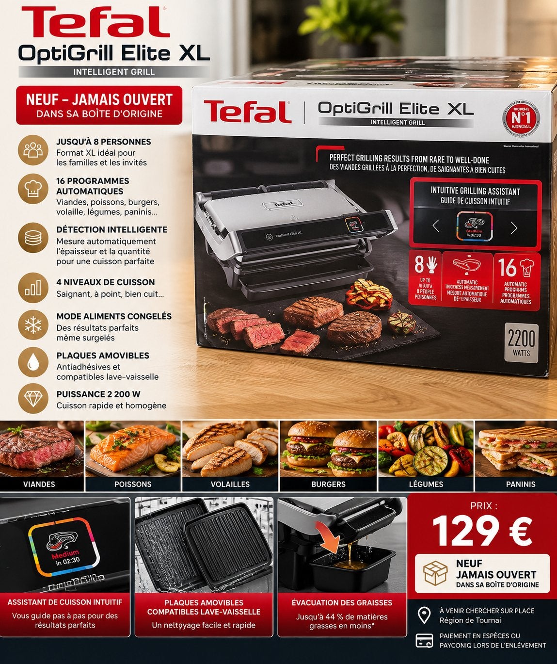 ️ ⚠️ NEW - Tefal OptiGrill Elite XL Grill intelligent, Electroménager, Enlèvement ou Envoi, Plaques amovibles, Neuf