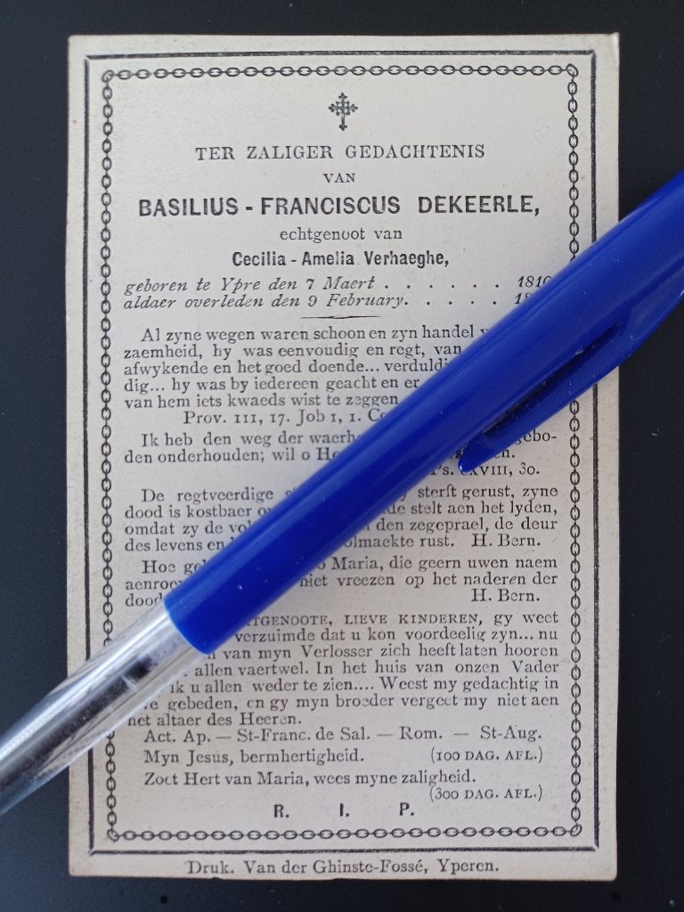 doodsprentje Basilius-Franciscus DEKEERLE  Ieper 1880, Verzamelen, Bidprentjes en Rouwkaarten, Ophalen of Verzenden, Bidprentje