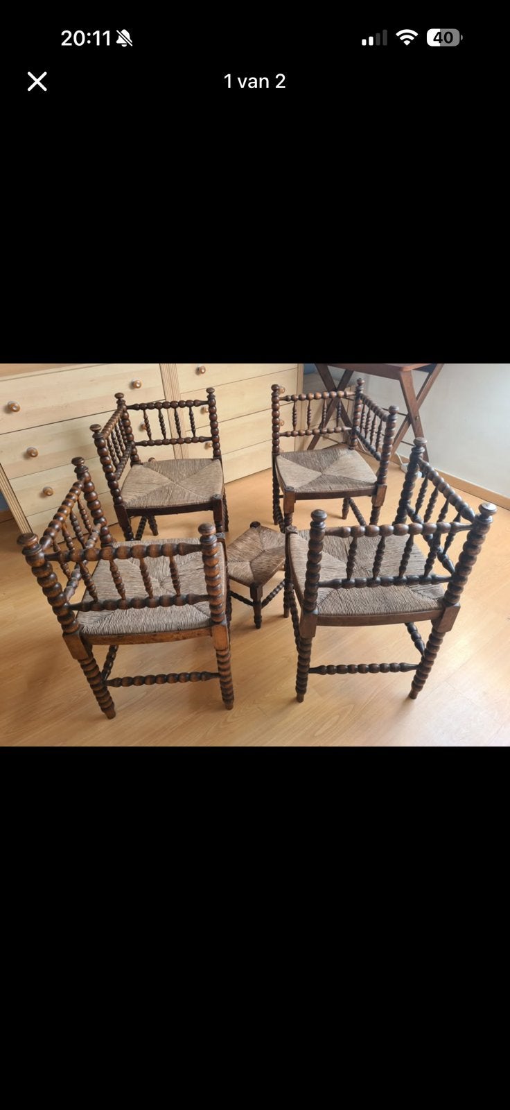 Set van 4 vintage bobbin hoekstoelen met gevlochten zitting, Ophalen