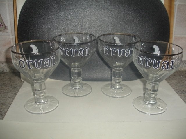 4 bierglazen Orval met embleem forel voor € 20,00, Verzamelen, Ophalen of Verzenden, Zo goed als nieuw, Glas of Glazen, Overige merken