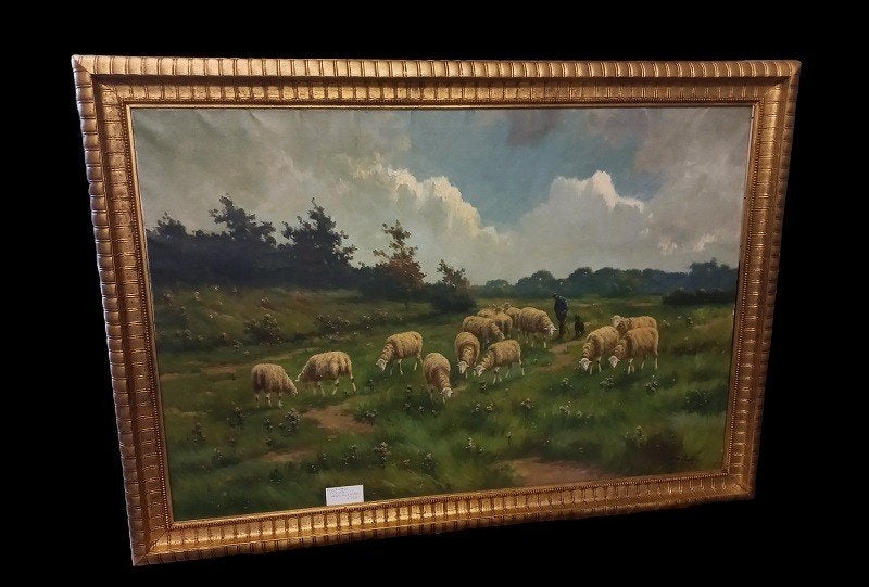 Henri Matthijs (XIX-XX) moutons avec berger, Peinture à l'huile, Signé, Enlèvement, Animaux