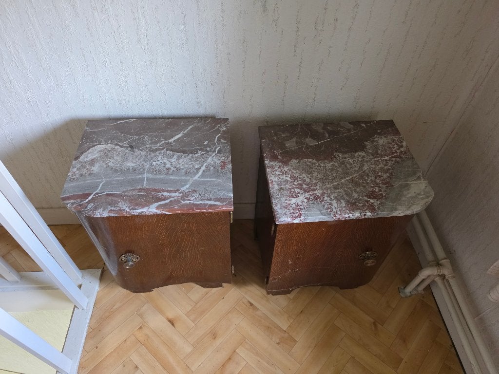 Vintage slaapkamerset met marmer – commode en 2 nachtkastjes, Enlèvement, Utilisé, Bois