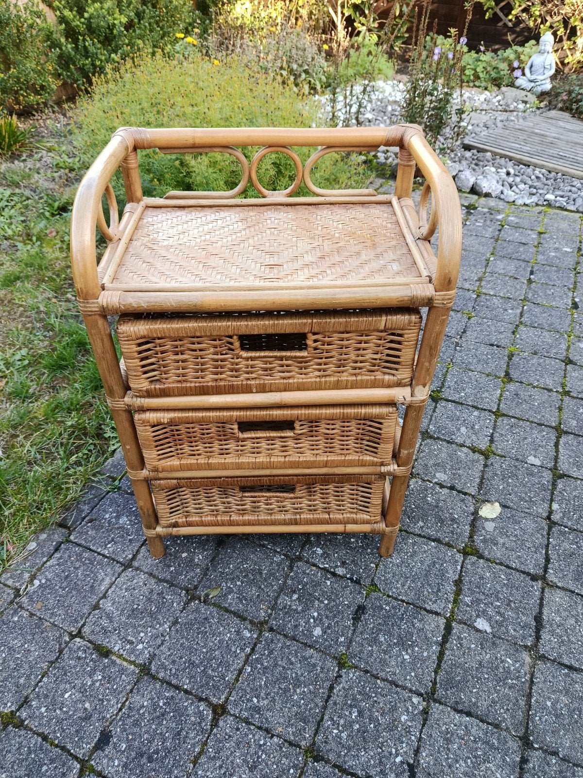 massieve rotan ladekast met drie mandjes - boho bijzettafelt, Ophalen, Overige materialen, Minder dan 50 cm, Gebruikt