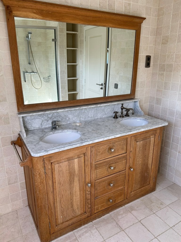 Landelijk eiken badkamermeubel dubbele lavabo + spiegel (2x), Huis en Inrichting, Ophalen, Gebruikt