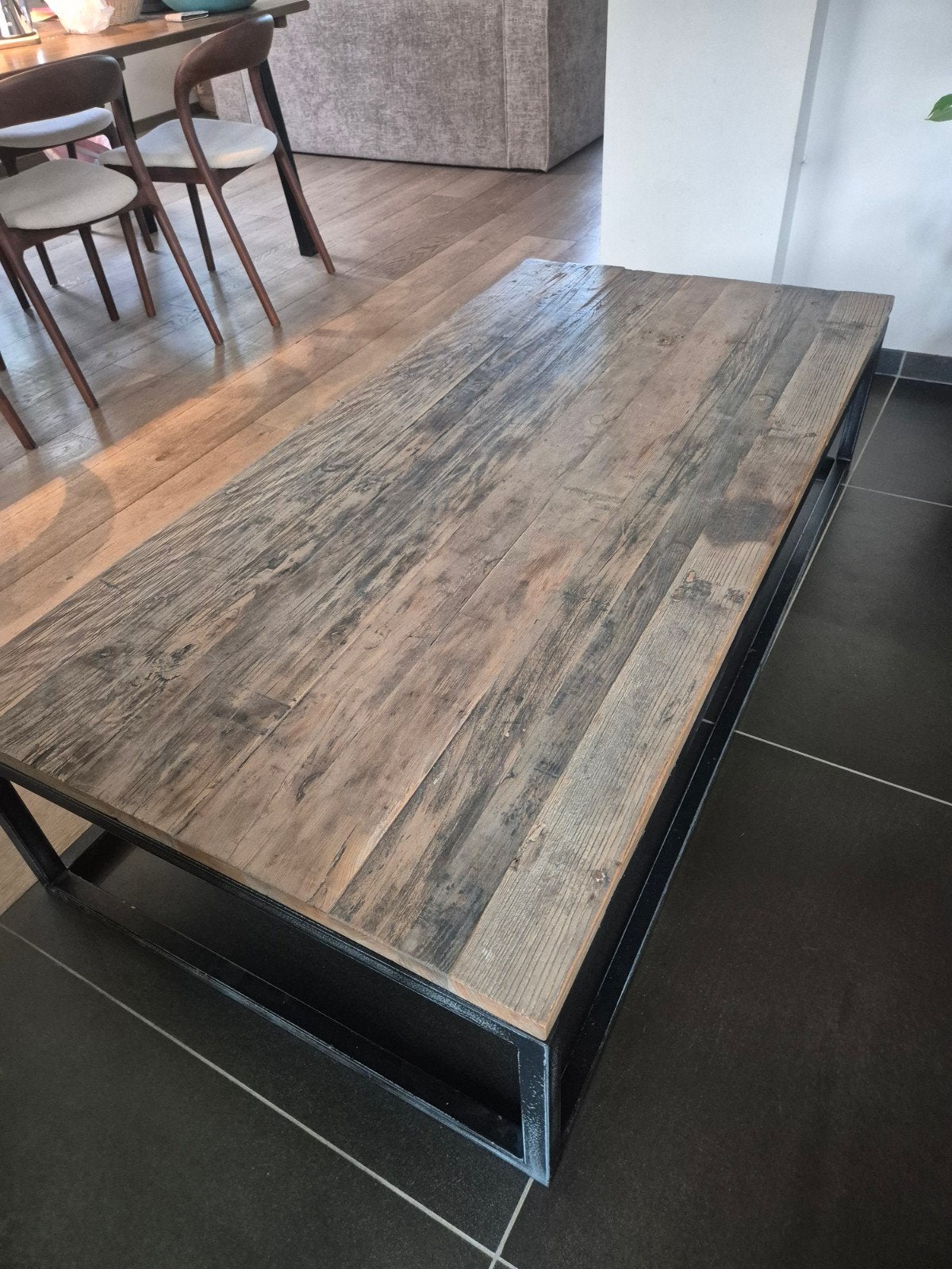 Industriële salontafel L 160cm B 80cm, Ophalen, Gebruikt, Eikenhout, 50 tot 100 cm