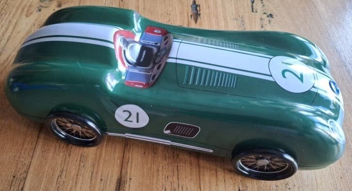 Klassieke groene raceauto koekjes blik, Speedster nr. 21, Ophalen of Verzenden, Gebruikt, Koek(jes), Overige merken