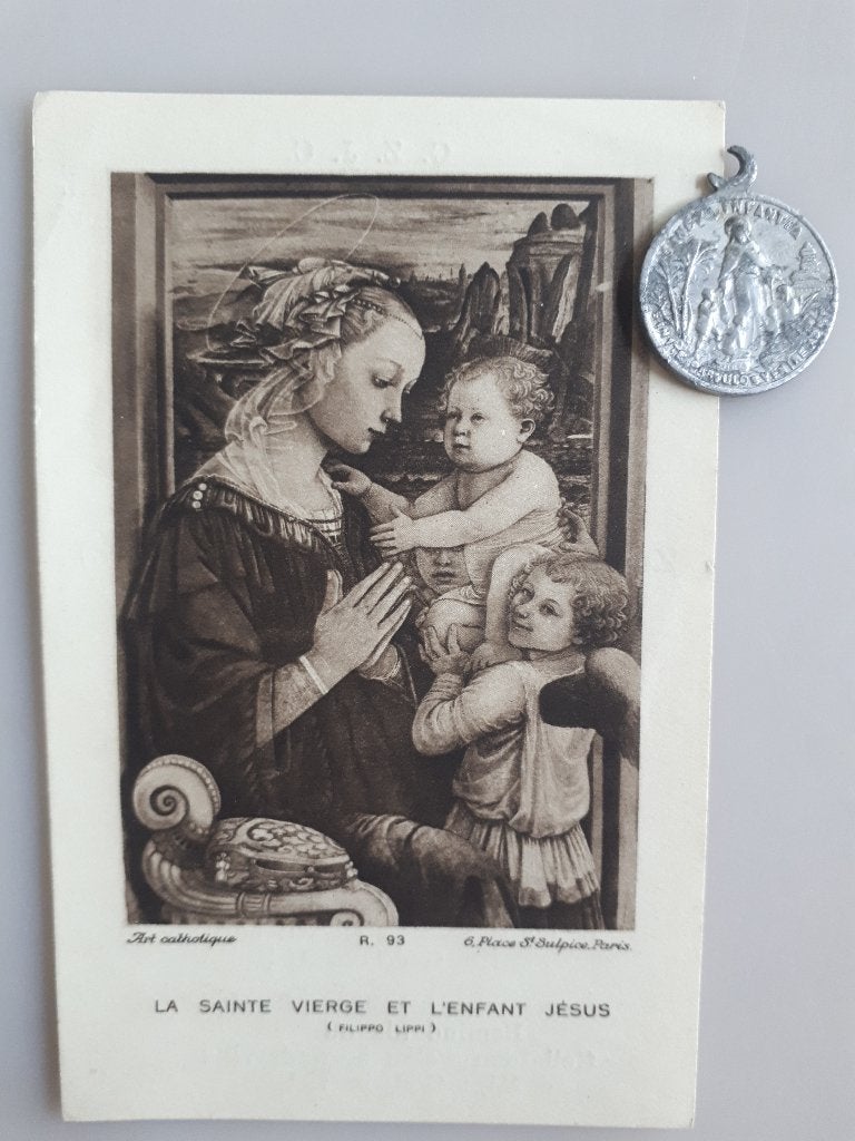 Medaille & prentje Maria en Kind Jezus met geloften R.VREBOS, Ophalen of Verzenden, Gebruikt, Overige typen, Christendom | Katholiek