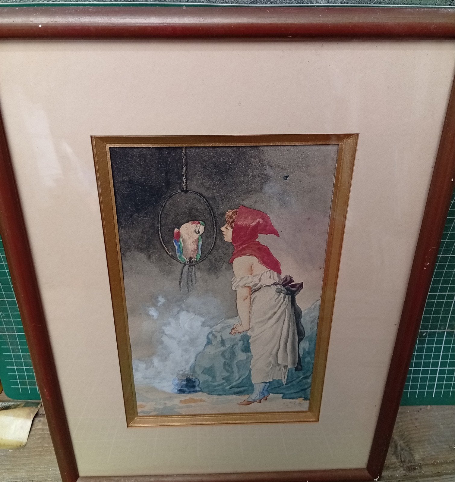Aquarelle années. Le perroquet et la fille au chaperon rouge, Antiquités & Art, Art | Peinture | Classique, Enlèvement ou Envoi