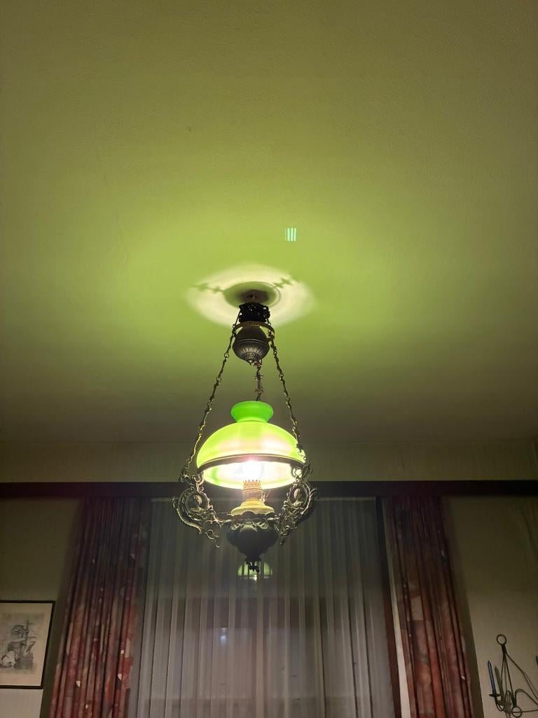 Antieke Hanglamp - Groene Opaline & Brons - Vieux Paris, Antiek en Kunst, Ophalen
