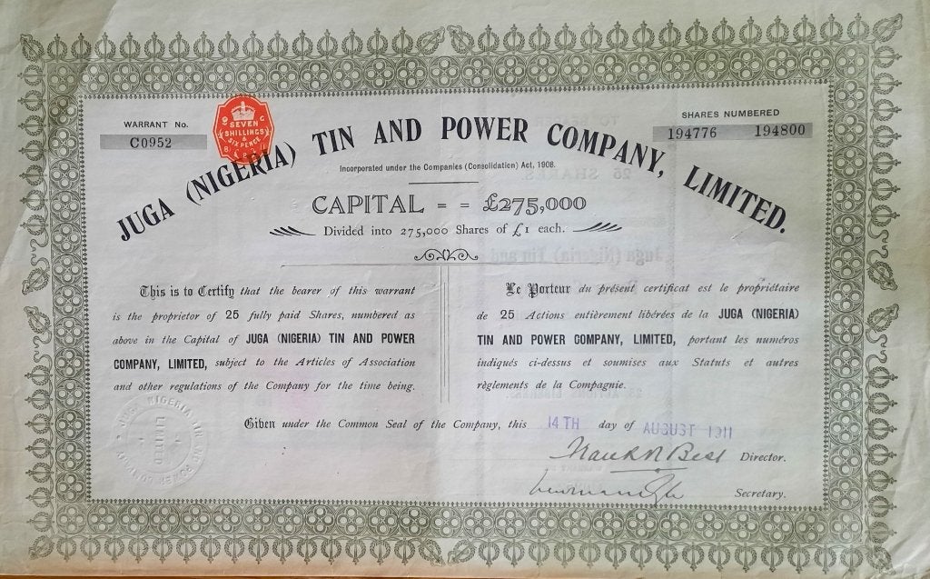 Juga (Nigeria) Tin and power Company Ltd - 1911, Timbres & Monnaies, Enlèvement ou Envoi, Avant 1920, Certificat d'action