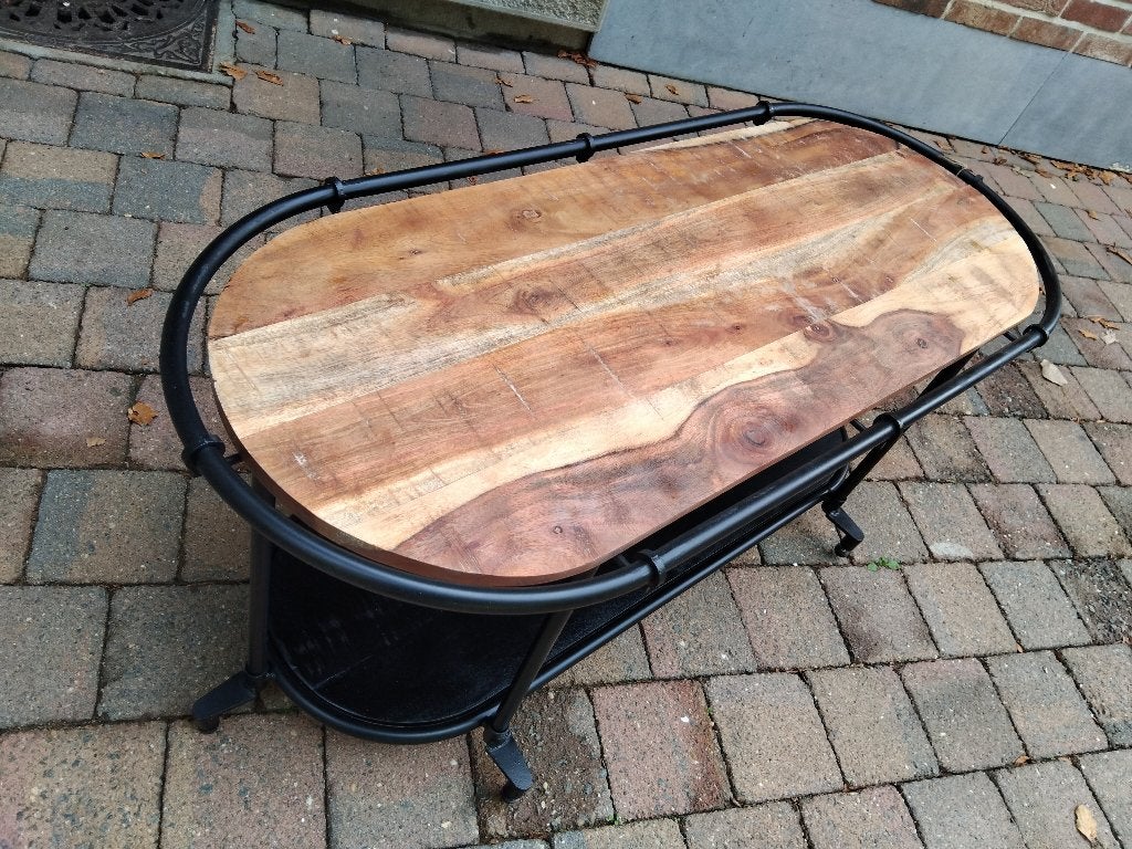 salontafel of bank industrieel massief hout en staal, Enlèvement, Comme neuf