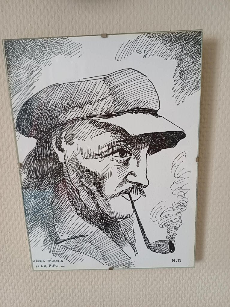 Dessin à l'encre ancien / rétro – "Vieux mineur à la pipe, Verzenden, Tekening, Potloodtekening, Achter glas