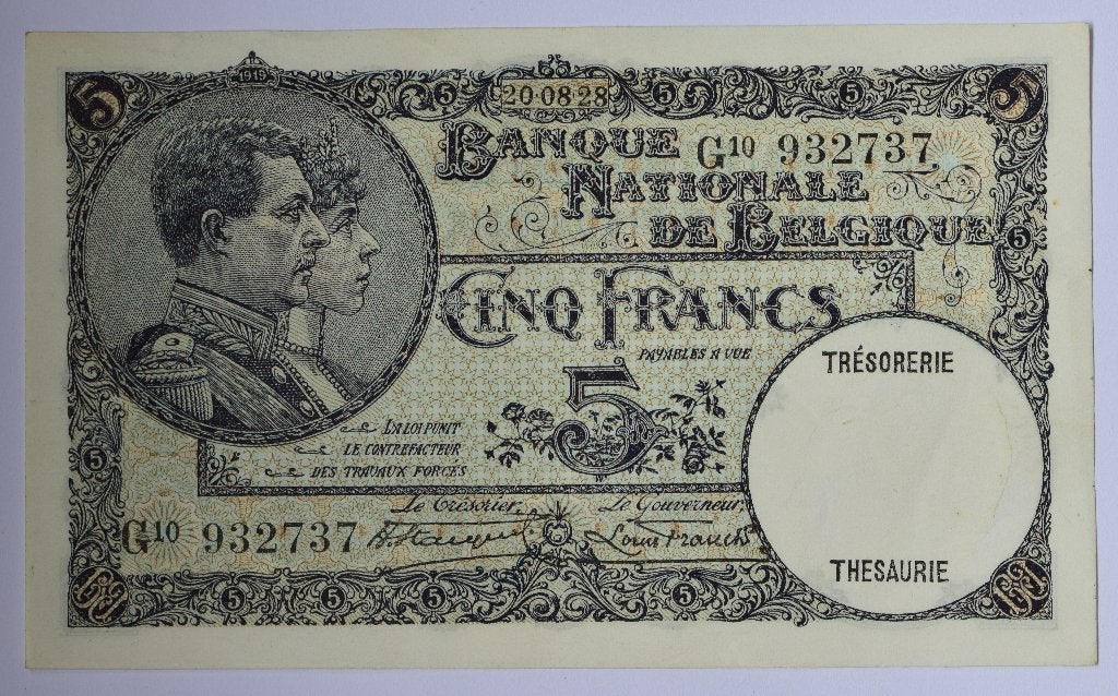 billet 5 francs 20-08-28 Belgique, Timbres & Monnaies, Billets de banque | Belgique, Envoi, Billets en vrac
