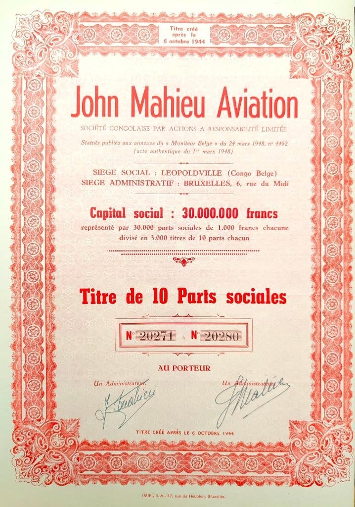 John Mahieu Aviation (Belgisch Congo) 1948, Enlèvement ou Envoi, 1920 à 1950, Action