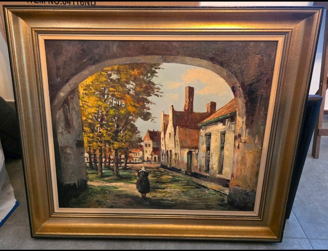 Piet Mees - Sfeervol Olieverfschilderij "Begijnhof Brugge"-, Peinture à l'huile, Paysage, Signé, Enlèvement