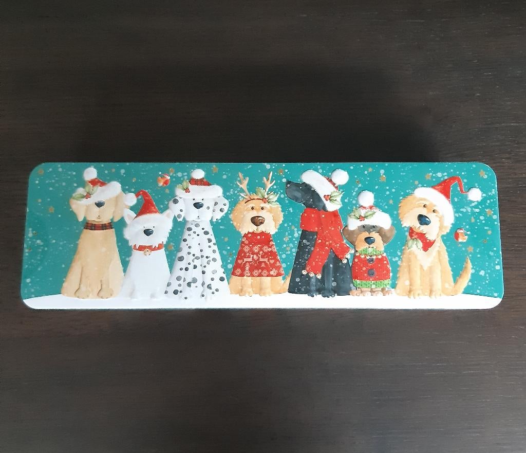 Nog nieuw: blikken doos met honden kerstoutfit, Ophalen of Verzenden, Nieuw