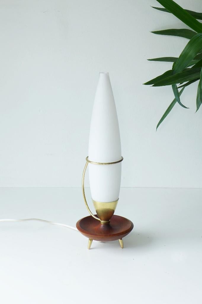 Zeldzame Tafellamp jaren 60 Philips Teak Messing Glas Lamp, Ophalen of Verzenden, Glas, Mid Century Modern