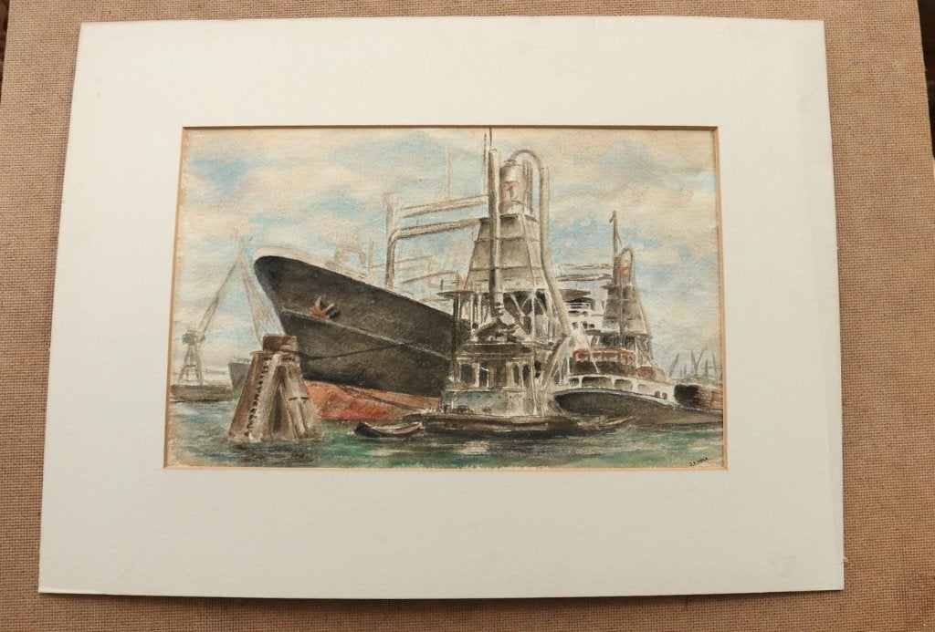 J.A. Valk – Haven met zeeschip en graanelevatoren, aquarel, Ophalen, Aquarel, Papier/karton, Gesigneerd