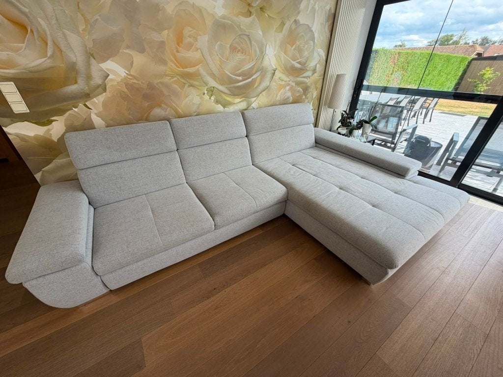 Lichtgrijze zetel met large longchair, Huis en Inrichting, Ophalen, Gebruikt, Rechte bank, Driepersoons