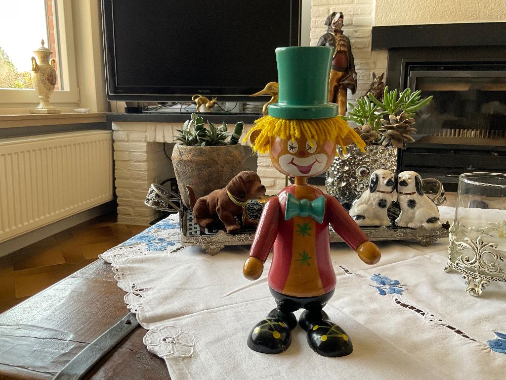 Vintage houten spaarpot Clown, Ophalen of Verzenden
