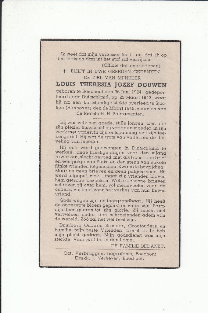 Slachtoffer WO II - Boechout - Hannover (D) 1943, Verzamelen, Bidprentjes en Rouwkaarten, Verzenden, Bidprentje