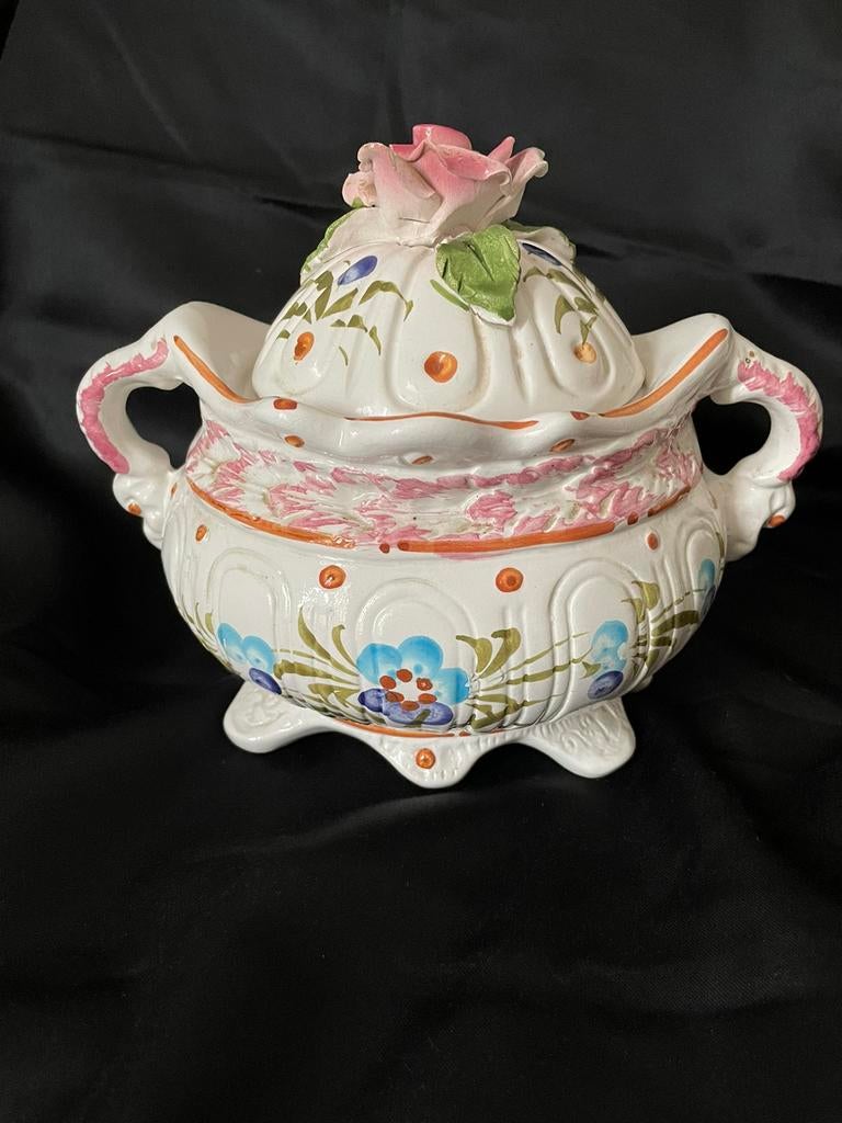 Bonbonnière ancienne Bassano - Décor floral & couvercle rose, Enlèvement