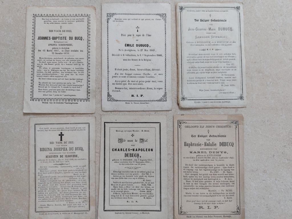 lot van 6 oude doodsprentjes van Avelgem (West-Vl), Verzamelen, Bidprentjes en Rouwkaarten, Verzenden