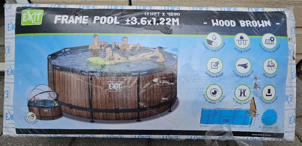 EXIT houtlook bruin zwembad ø360x122cm filterpomp trap zeil, Tuin en Terras, Zwembaden, Rond, Opzetzwembad, 200 tot 400 cm, Ophalen