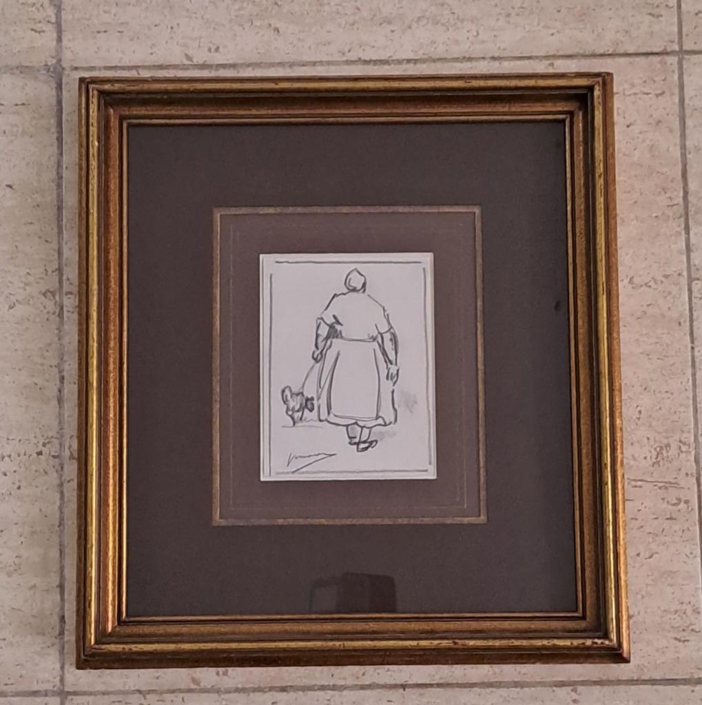 Jos Mous  1896 - 1968  Tekening  Vrouw met hondje, Antiek en Kunst, Verzenden