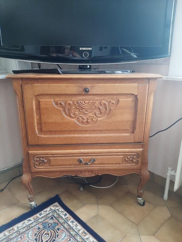 Vintage/Retro houten tv-kast met neergaande klep en lade, Ophalen
