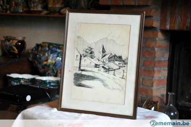 encre de chine signée  dans cadre "rue du village", Antiquités & Art
