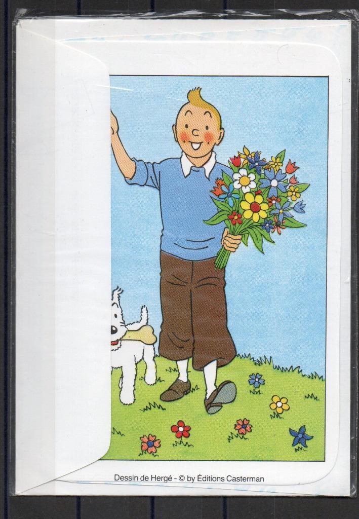 Envelcarte Tintin un bouquet de fleurs à la main et Milou, Enlèvement ou Envoi