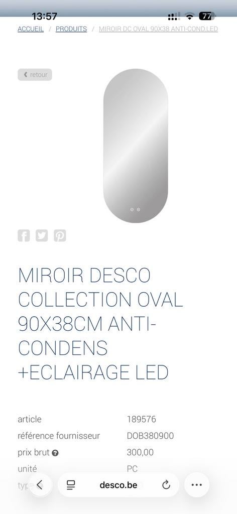 Miroir Desco collection oval , retro- eclairant LED., Ophalen, Nieuw