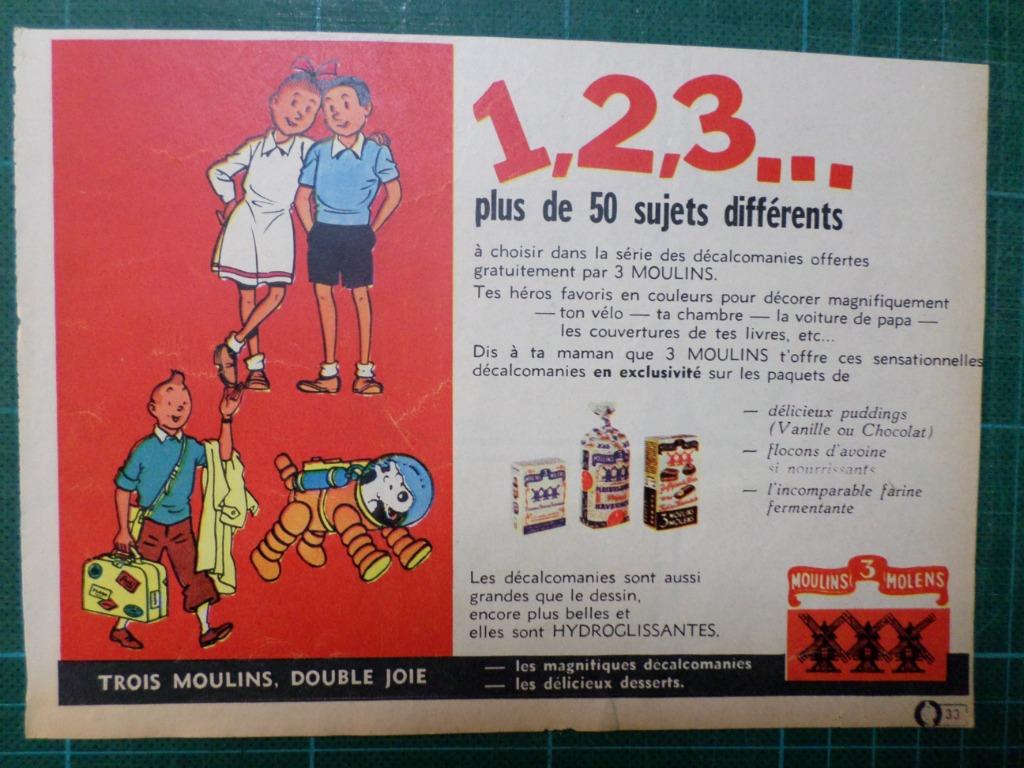 Tintin - Bob et bobette - publicité papier 3 Moulins - 1962, Collections, Enlèvement ou Envoi, Tintin, Utilisé, Autres types