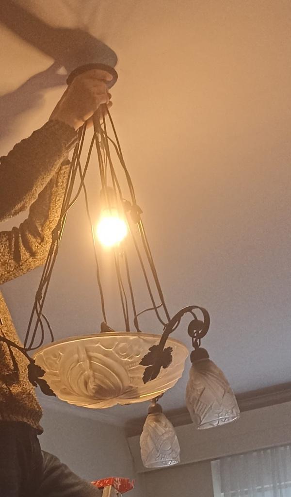 art deco kroonluchter - glaspasta en smeedijzer, Antiek en Kunst, Ophalen