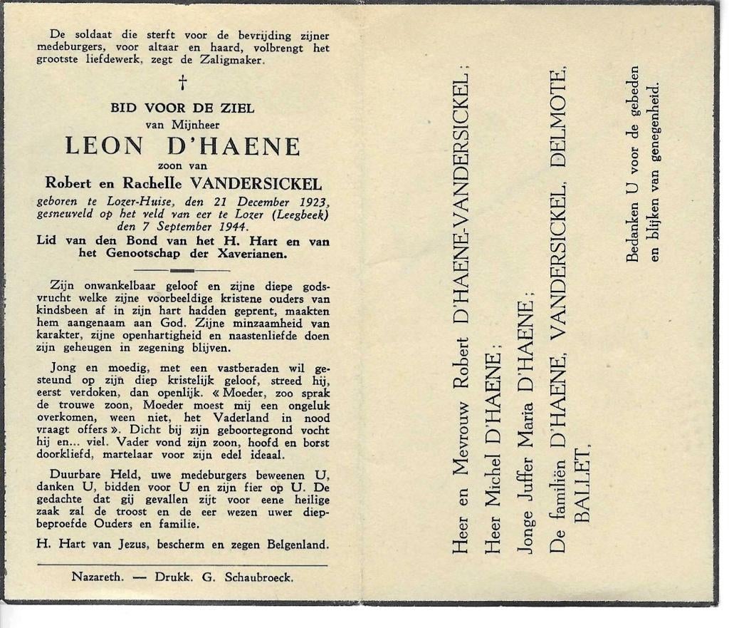 Leon D'Haene gesneuveld op 't Veld van eer te Lozer 7/9/1944, Envoi