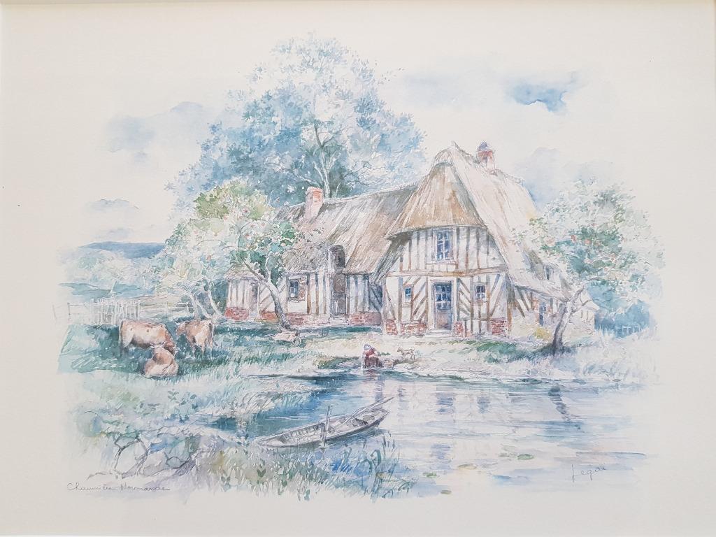 Aquarelle originale signée LEGAI   - Chaumière normandes, Antiquités & Art, Enlèvement ou Envoi