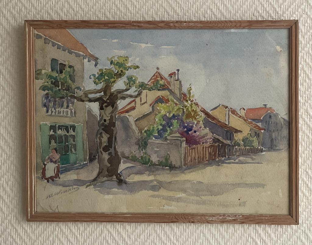 Aquarelle village provençal, sous cadre, France, milieu 20è, Antiek en Kunst, Kunst | Schilderijen | Klassiek, Ophalen of Verzenden