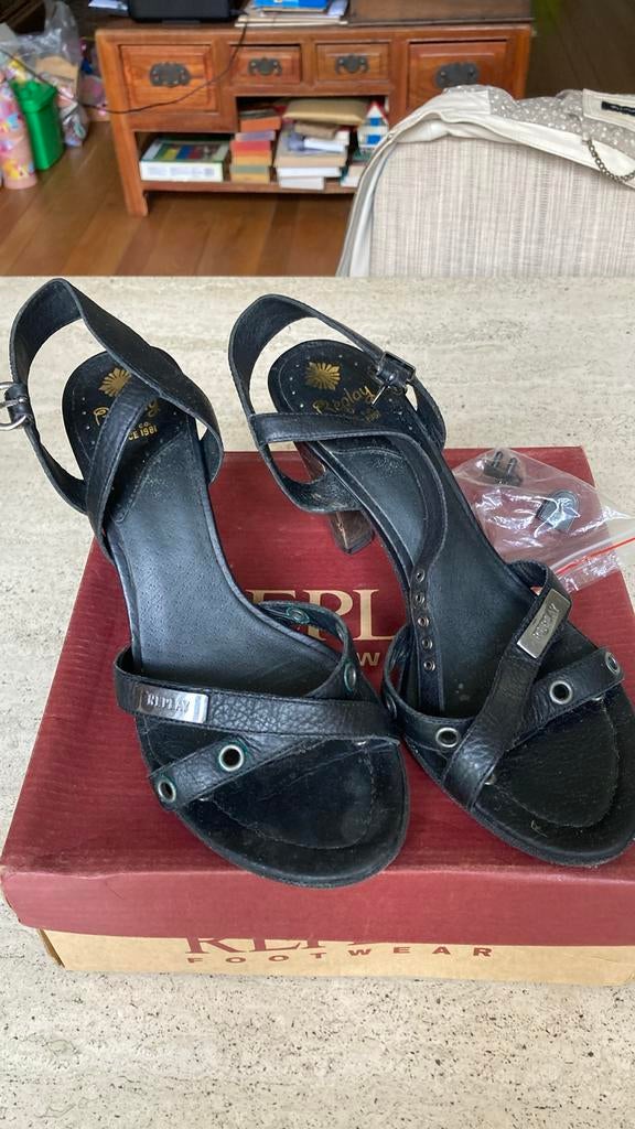 Replay sandalen, pumps, hakken, 39, leren doos, Kleding | Dames, Zo goed als nieuw, Zwart, Pumps