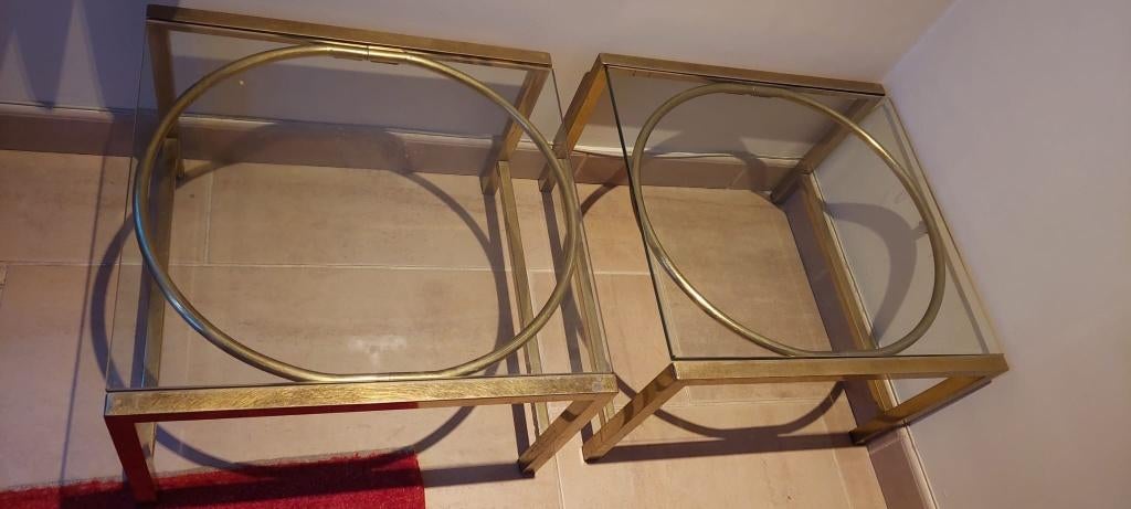 2 bijzettafels goudkleurig met glasplaat  55x56x35.6, Huis en Inrichting, Tafels | Bijzettafels, Ophalen, Minder dan 45 cm, Metaal of Aluminium