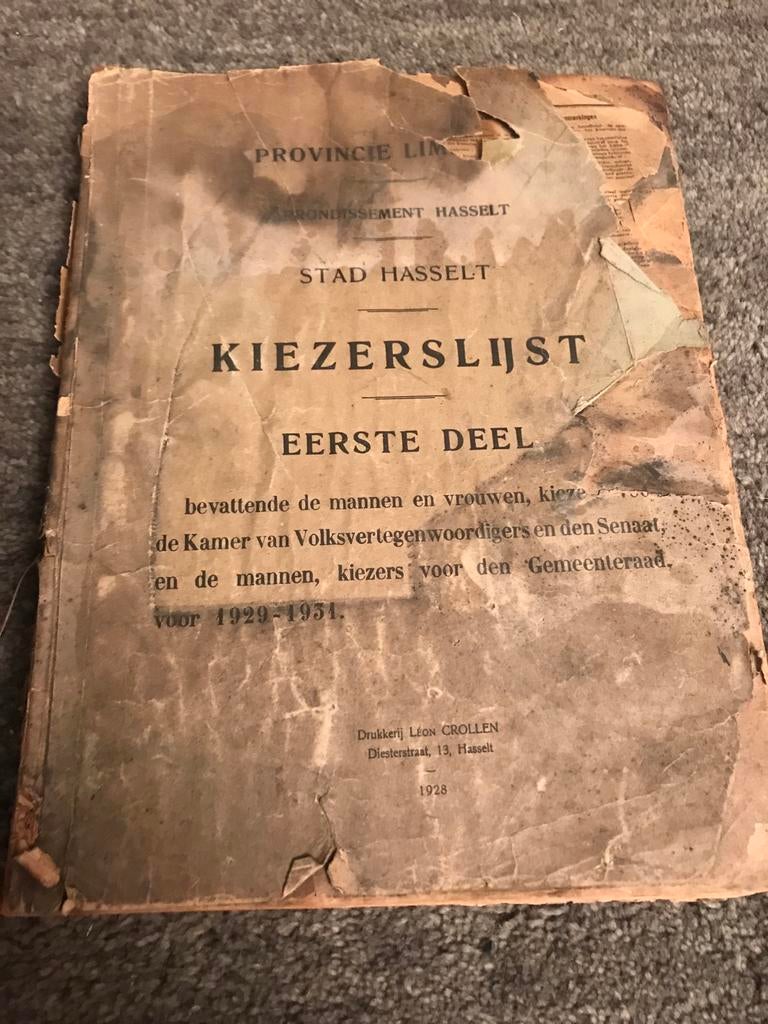 OUDE BOEK 1928 KIEZERSLIJST PROVINCIE LIMBURG, Enlèvement