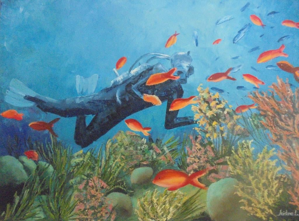 olieschilderij duiker (60x80 cm), Antiek en Kunst, Ophalen of Verzenden