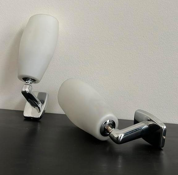 2x vintage chrome & Opaline wandlampjes (Fontana Arte, 1970), Ophalen of Verzenden, Gebruikt, Glas