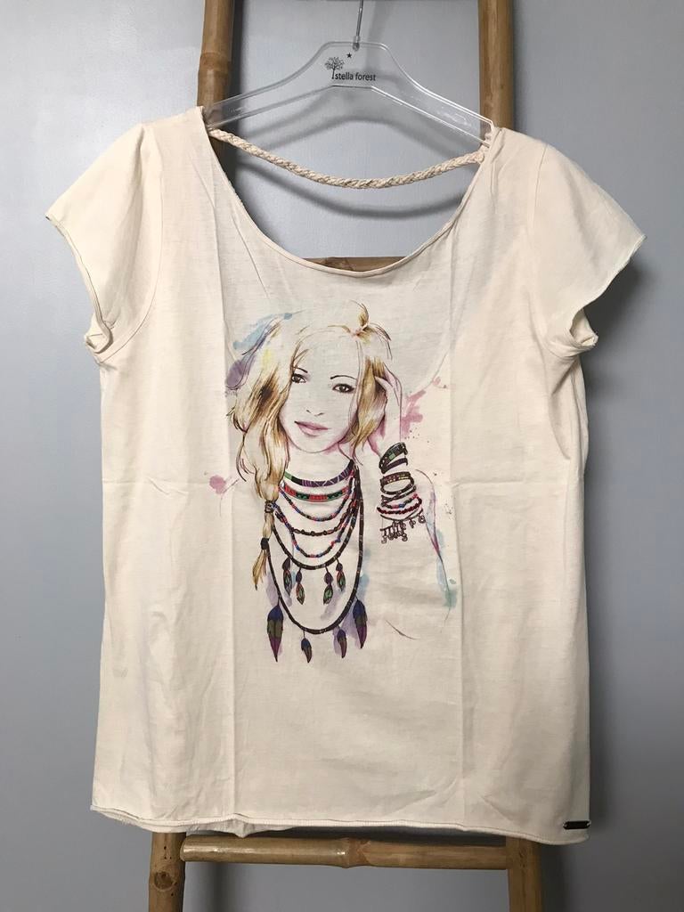 T-shirt Pepe Jeans crème avec imprimé et perles, taille M, Pepe jeans, Porté, Taille 38/40 (M), Manches courtes