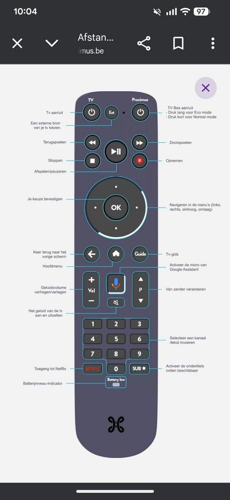 Proximus afstandsbediening remote V7, Enlèvement